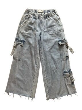 Glassons Multi-Pocket Cargo Light Wash Raw Hem Baggy Wide Leg Cropped Jeans Y2K